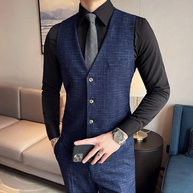 Jacket Vest Pants High End Brand Casual Business Formal Office Plaid Men's Suit Groom Wedding Dress Party Suit  Blazer Trousers