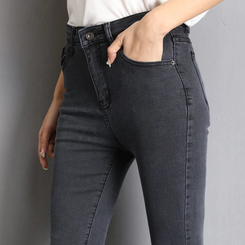 Jeans for Women Mom Jeans Blue Gray Black Woman High Elastic Stretch Jeans Female Washed Denim Skinny Pencil Pants