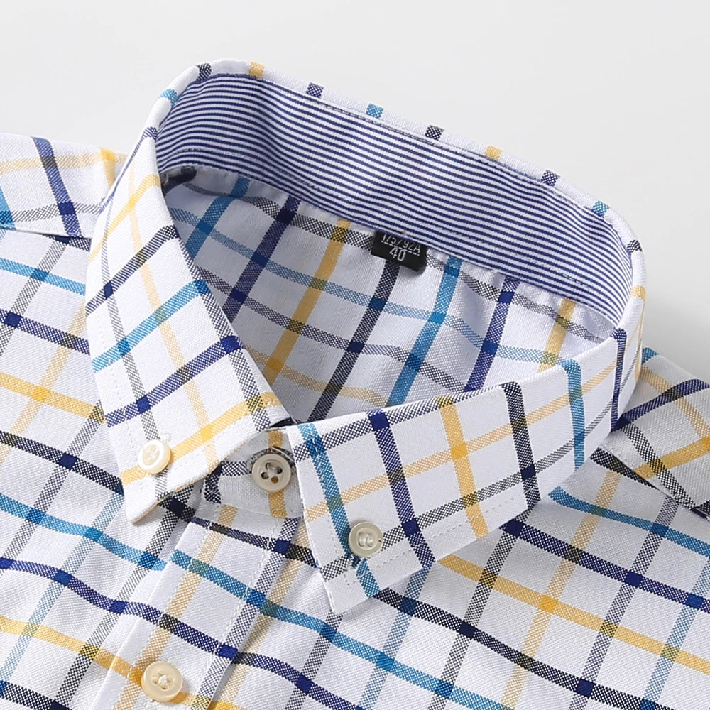 Men's 100% Cotton Long Sleeve Plaid Checkered Shirts Single Patch Pocket Standard-fit Button-down Striped Casual Oxford Shirt