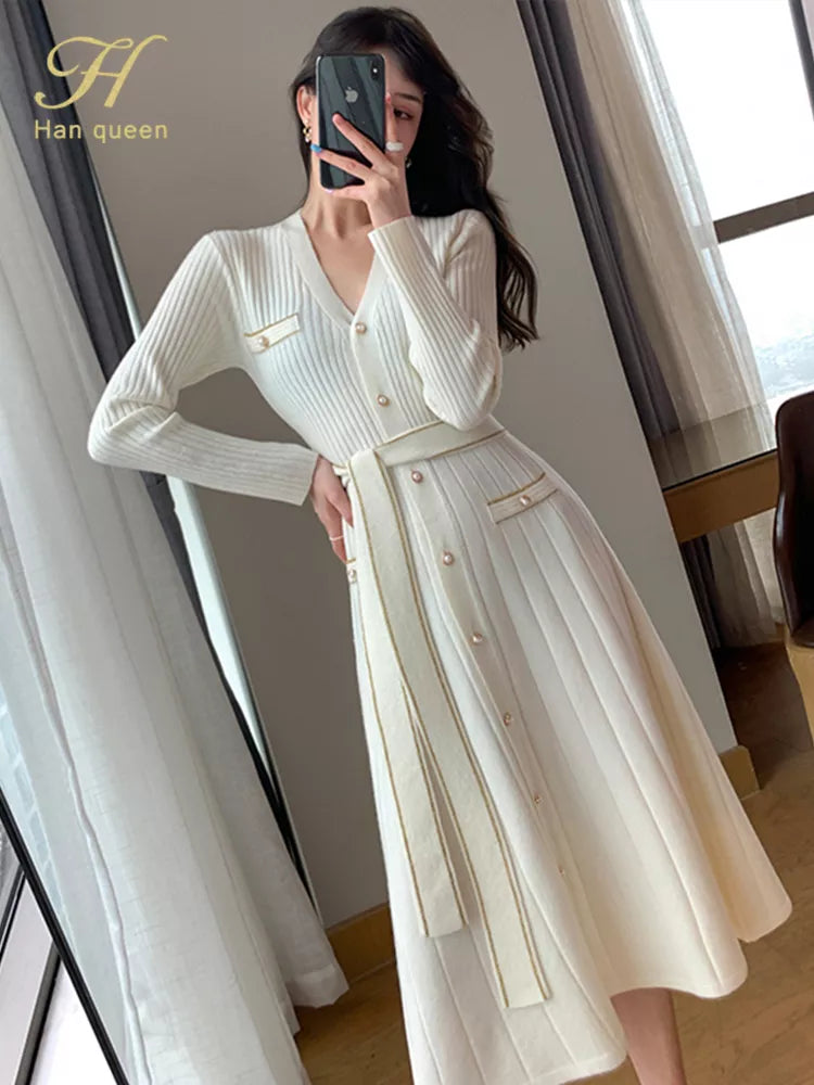 H Han Queen Autumn Single-Breasted Casual Pullover Sweater Vestidos Elegant Simple Office Dress Women's V-Neck A-Line Dresses