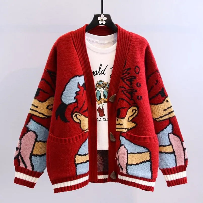 Cartoon Sweater Coat Women's Autumn and Winter 2023 New Slouchy Loose Outerwear Versatile Thickened Knitted Cardigan