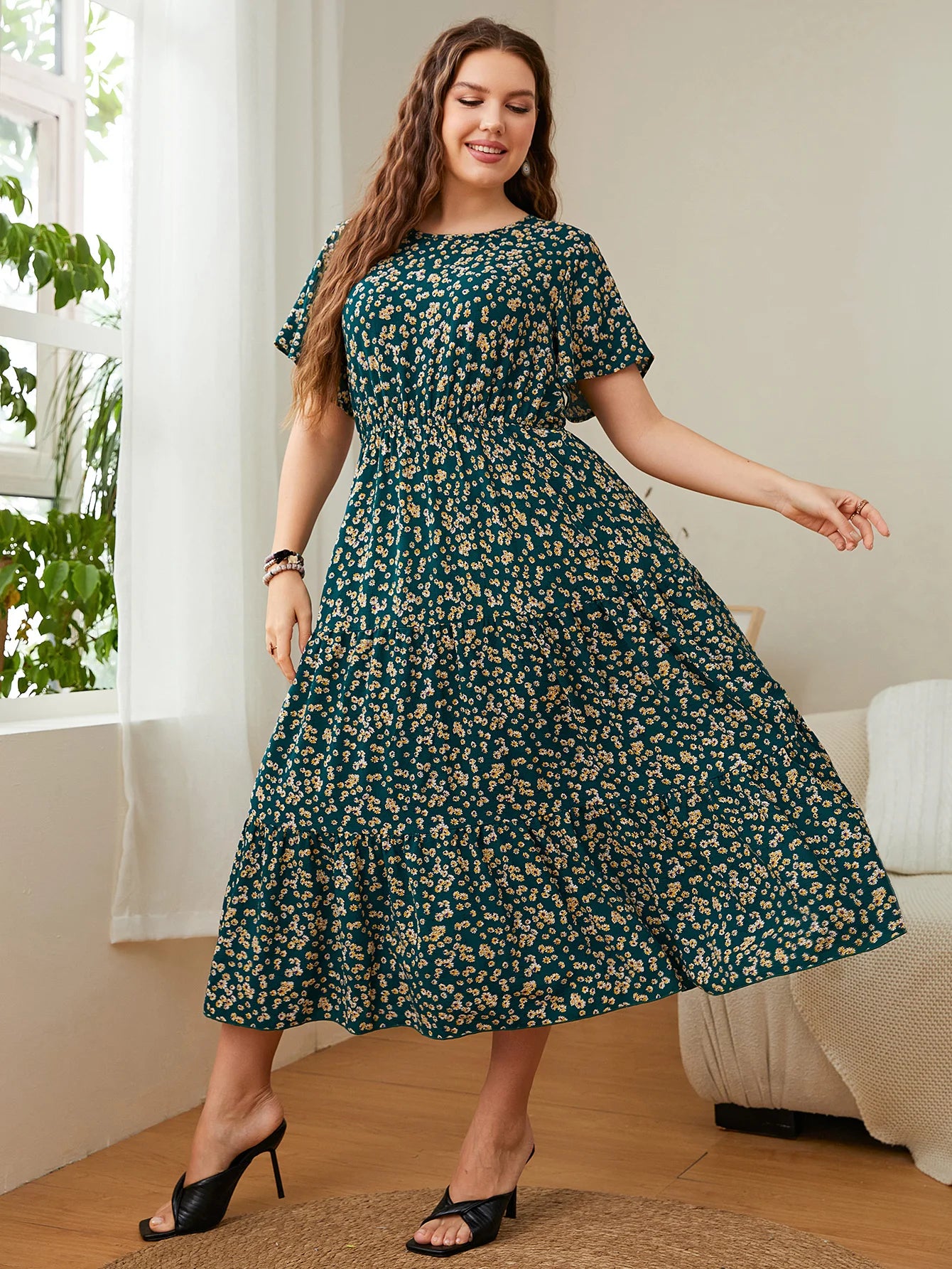 Fashion Big Size Women's Clothing Dress Summer O-Neck Floral Print Midi Dresses Urban Elegant Casual Ladies Plus Size Long Dress