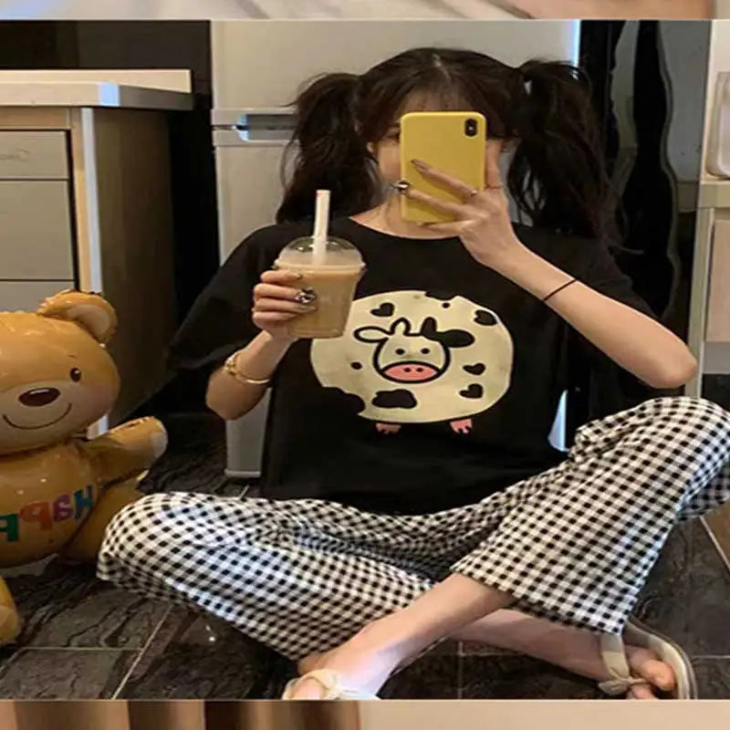 Women Pajamas Sleepwear Pajama Set Summer Ladies Homewear Comfortable Clothing Girls Cartoon Half-sleeved Long Pants Two-pcs Set