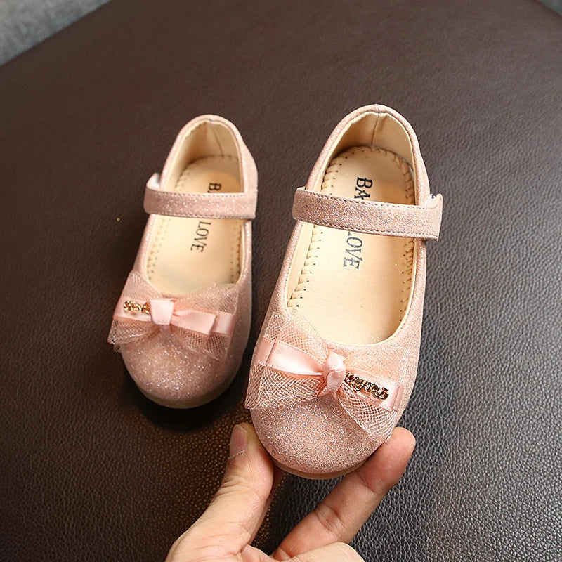 Girls PU Leather Shoes Kids Children Princess Lace Bowknot Sparkling Shoes Spring Autumn Baby Casual Party Flats