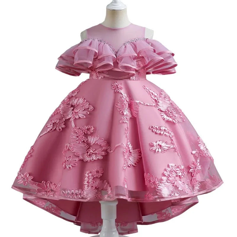 New Princess Girls Embroidery Flower Trailing Dress Children Kids Elegant Wedding Vestidos Children Clothing For 3-12 Years