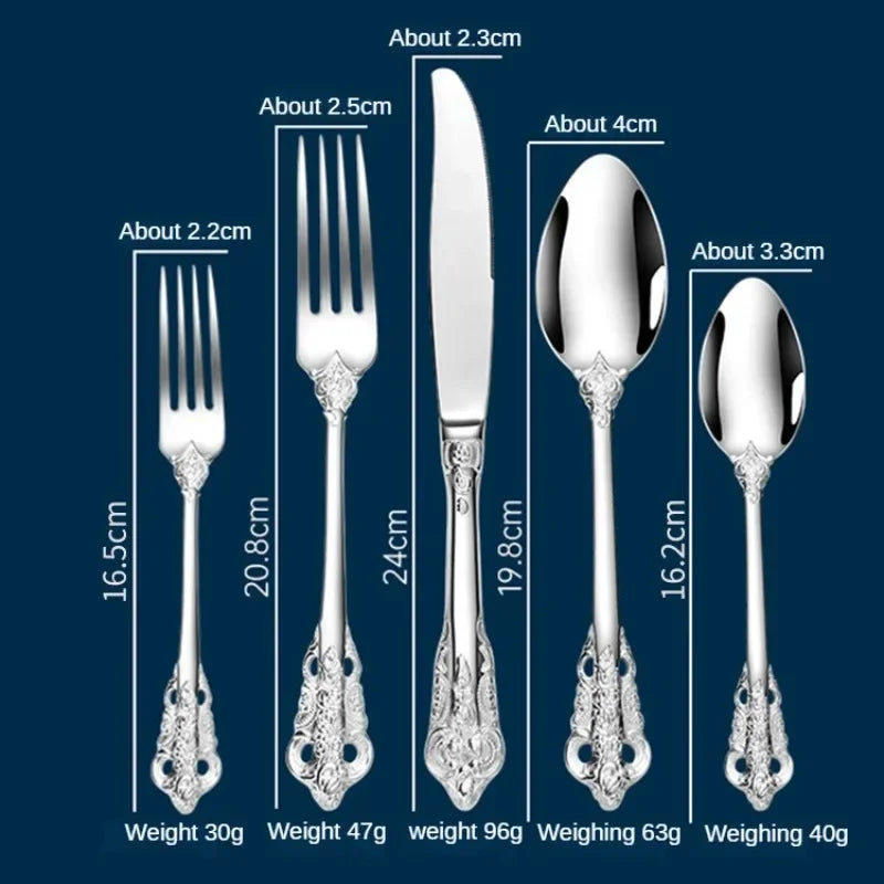 304 stainless steel Gold Cutlery Set Vintage Western Dinnerware Luxury Tableware Engraving Forks Knive Spoons Sliverware