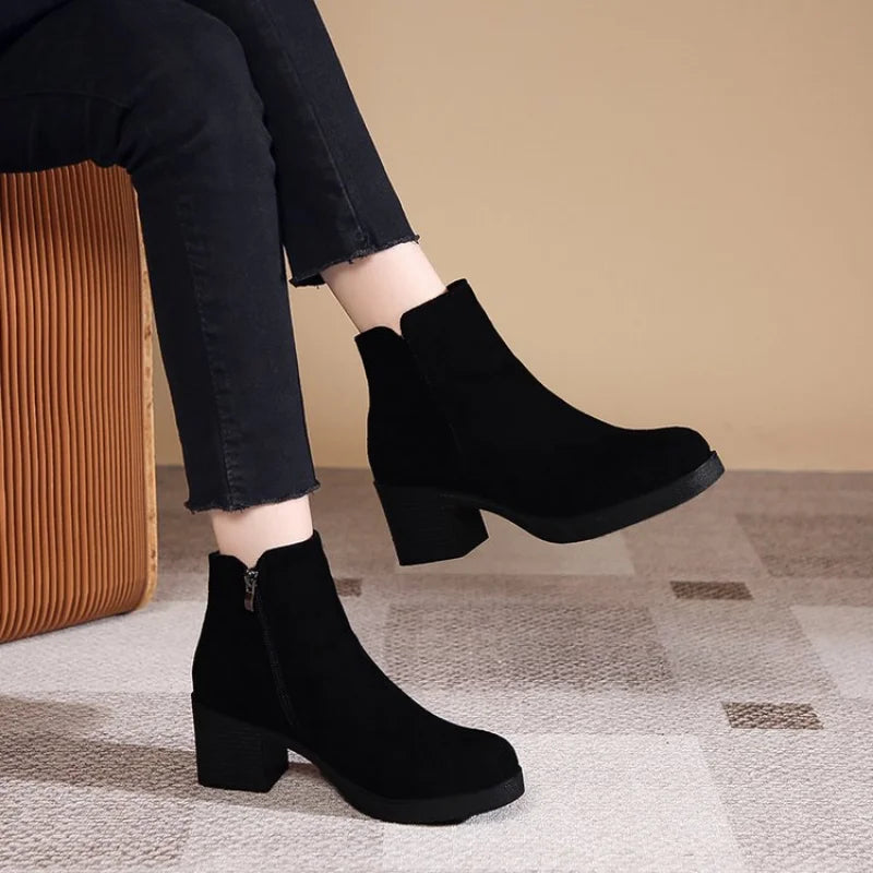 Women's Autumn and Winter 2023 New Fashion Solid Temperament Ankle Boots Round Head Square Heel Slip on Solid Casual Boots Size