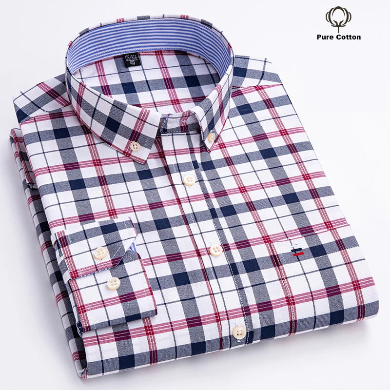 Men Oxford Fashion 100% Cotton  Long Sleeve Casual Slim Solid Color Plaid Print Stripe Formal Dress Shirt Plus Size