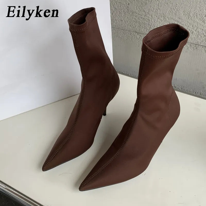 Eilyken 2024 New Spring Autumn Stretch Fabric Women Ankle Boots Sexy Pointed Toe High Heels Fashion Female Socks Pumps Shoes