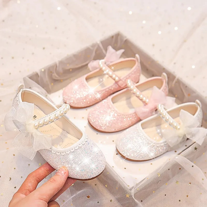 Children Fashion Girls Mary Janes for Party Wedding Shows 2023 Side Bow Pearls Elegant Princess Shoes Chic Kids Shoes Non-slip