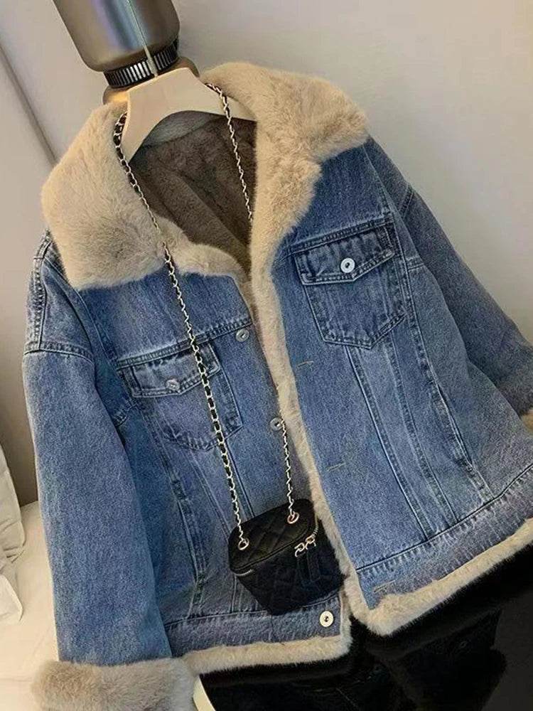 Winter Fleece Thicken Denim Jacket Women Loose Oversized Casual Warm Jeans Coats Wear Fur Collar Long Sleeves Female Clothes