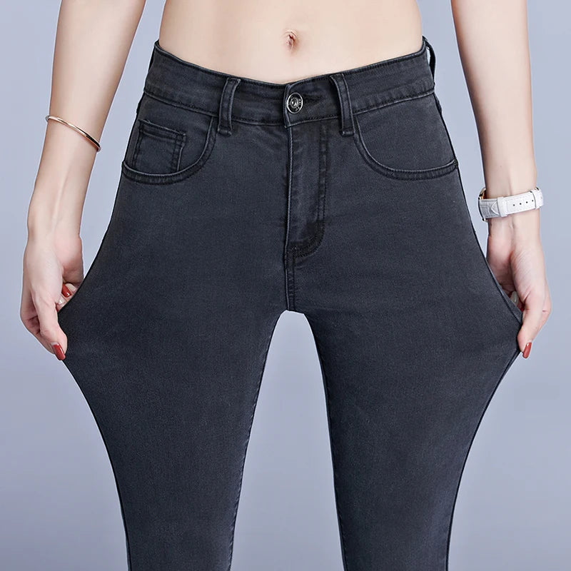 Jeans for Women Mom Jeans Blue Gray Black Woman High Elastic Stretch Jeans Female Washed Denim Skinny Pencil Pants