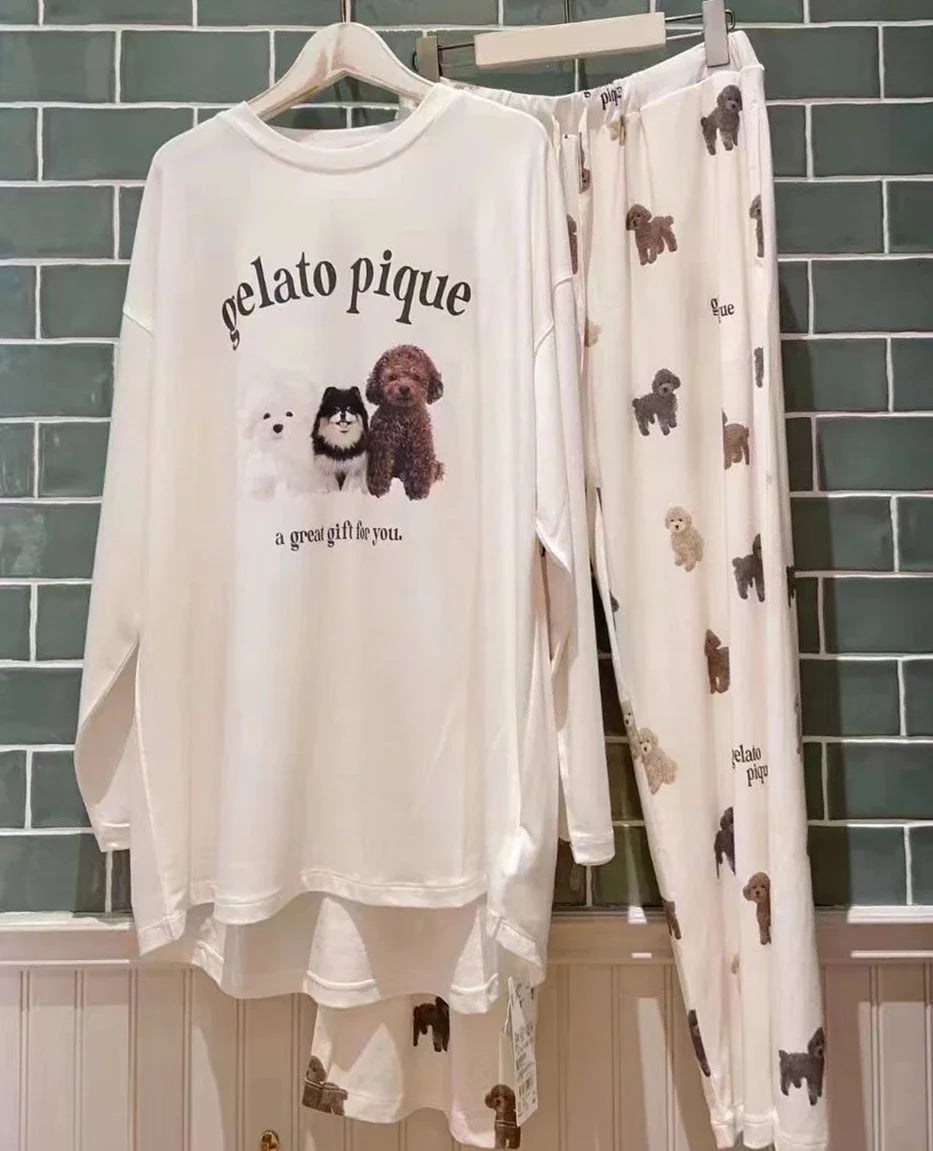 Pajamas Room Wear Ladies Autumn Women's Pajamas Set Puppy Long Sleeves Trousers 40-65kg Wear