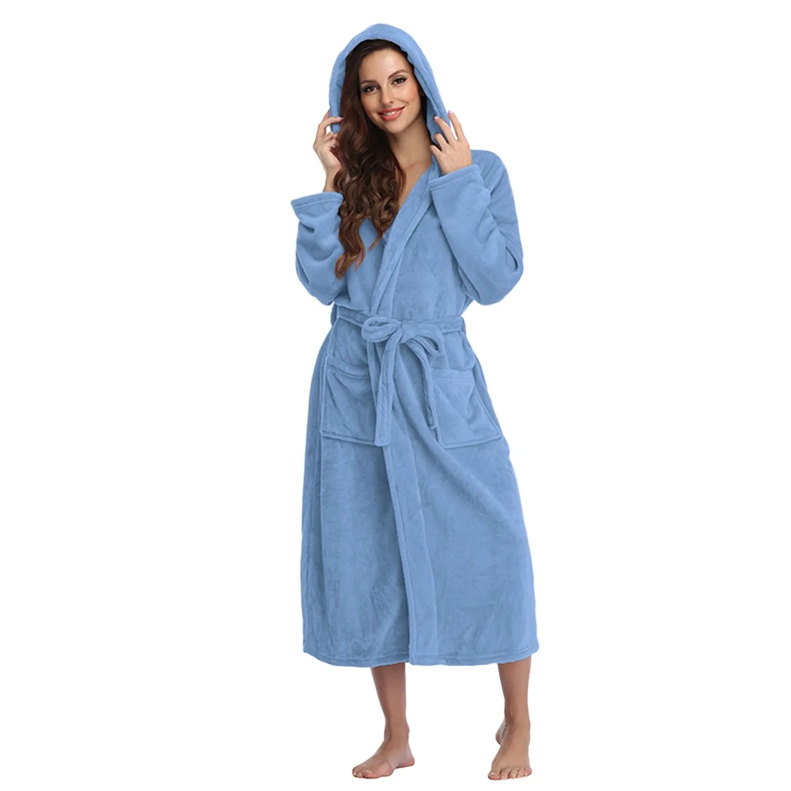 New Autumn Solid Hooded Robe Bathrobe Women Winter Warm Plush Lightweight Soft Nightgown Robes Female Casual Home Dressing Gowns