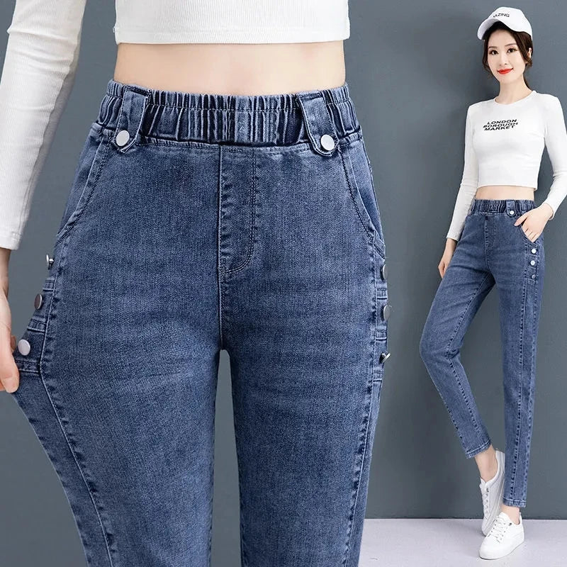 High Waist Skinny Pencil Jeans Femme Korean Stretch Vaqueros Casual Streetwear Slim Denim Pants Button Pantalones Vintage Jeansy