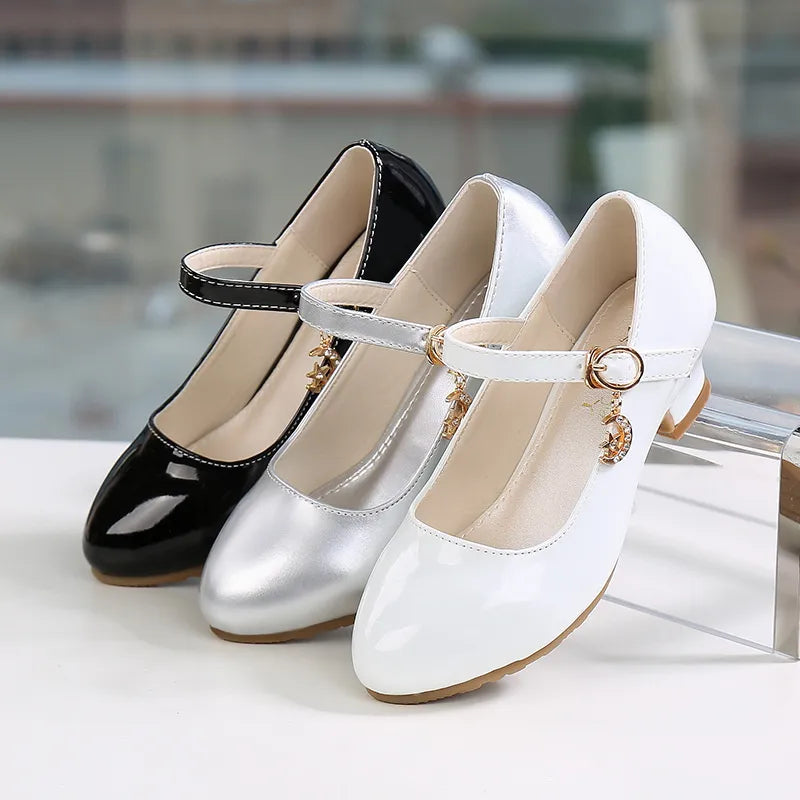 Children Girls Leather Shoes White Princess High Heel Shoes For Kids Girls Performance Dress Student Show Dance Sandals 28-41