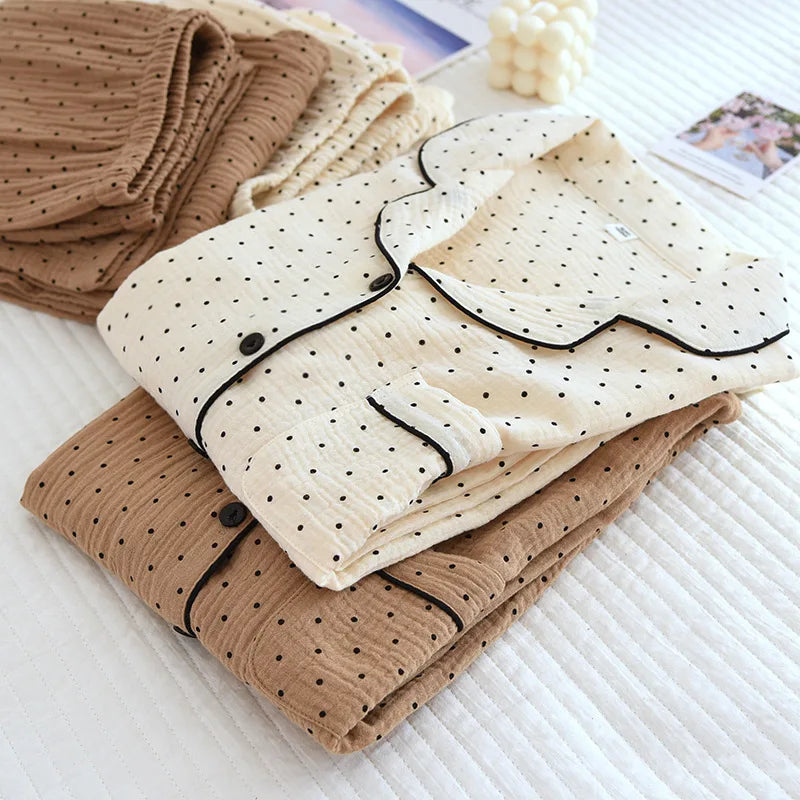 100% Cotton Gauze Winter Women Pajamas Polka Dot Print Sleepwear Autumn Female 2 Piece Set Nightwear Lady Pyjamas Loungewear