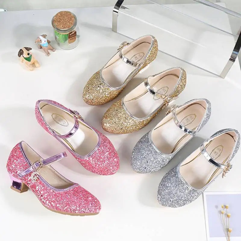 New Brand Sequin Designer Girls Shoes Fashion Stage High Heel Dance Crystal Show Hosting Children's Princess Leather Shoes