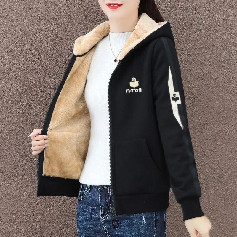 Casual Loose Zip Up Short Fleece Jacket Women Autumn Korean Long Sleeve Hooded Sweatshirt Streetwear Fashion Sports Hoodies Tops