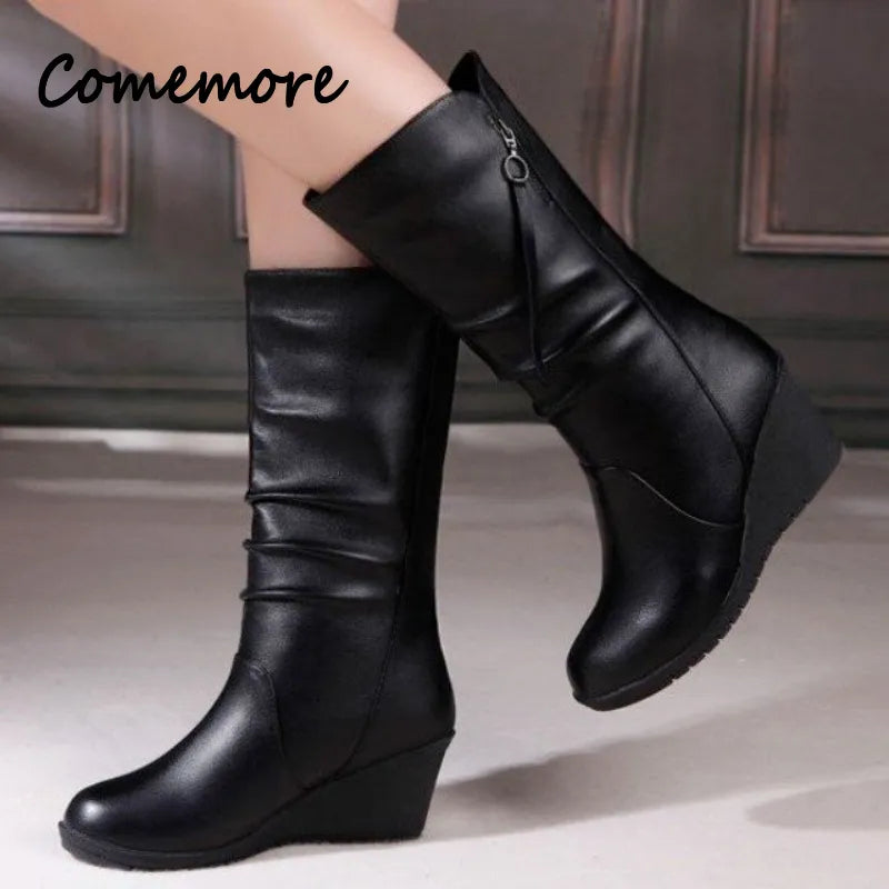 Comemore 2023 New Thick-soled Boots Women Spring Autumn Mid-tube Short Boot Women's Heeled Warm Shoes Leather Casual High Heels