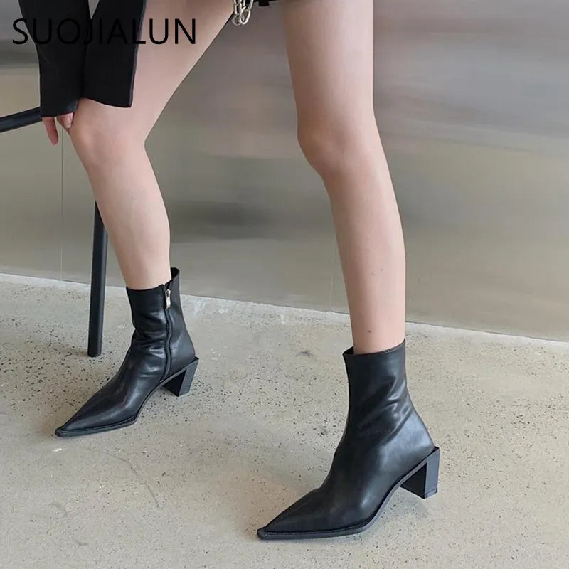 SUOJIALUN 2022 Autumn Women Ankle Boots Fashion Pointed Toe Square Toe Low Heel Ladies Elegant Chelsea Boots Short Boots