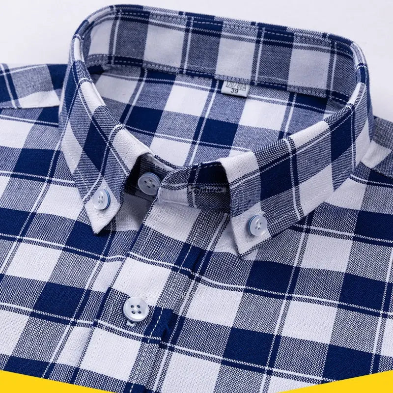 Men's 100% Cotton Plaid Checkered Long Sleeve Oxford Shirt Front Patch Chest Pocket Button Striped Versatile Casual Shirts