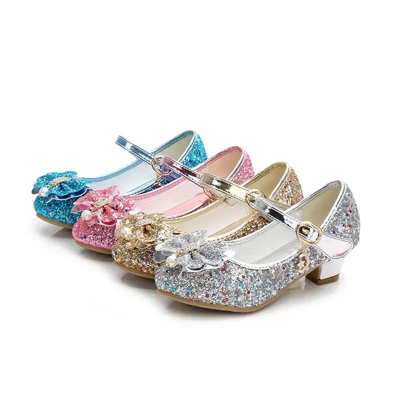 Brand Bow High Heel Shoes for Girls Princess Shoes Children Sequin Leather Shoes Kids Party Wedding Bling Glitter Crystal Shoe