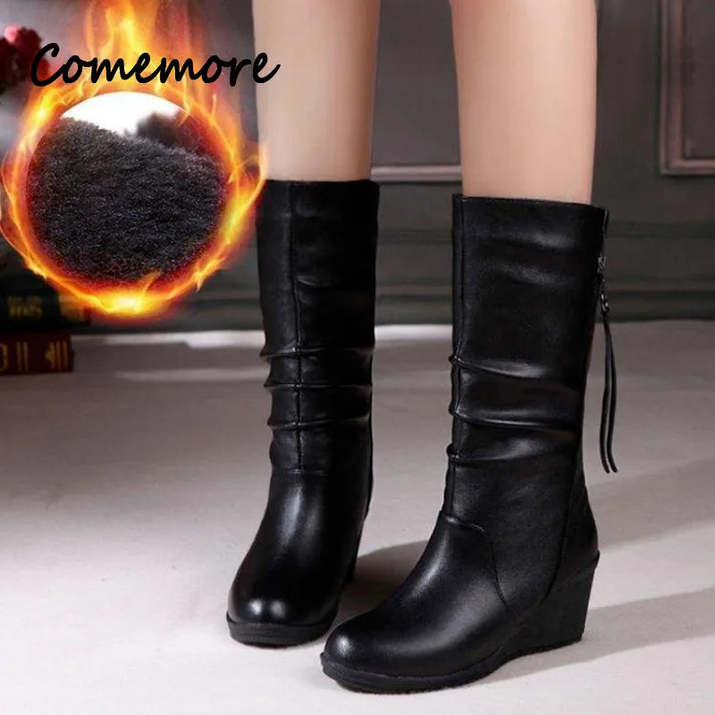 Comemore 2023 New Thick-soled Boots Women Spring Autumn Mid-tube Short Boot Women's Heeled Warm Shoes Leather Casual High Heels