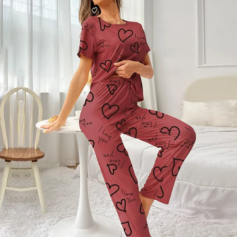 Women Pajama Set Short Sleeve Shirt and Trousers Sleepwear Pyjamas With Eye Mask Loungewear Nightwear Ladie Pijama Home Clothing