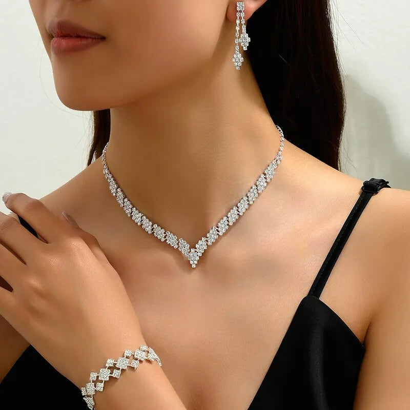 3 Pcs Bridal Jewelry Set Silver Plated Rhinestone Fold Clutch Bracelet Tassel Earrings Wedding Jewelry Gift Trendy Style