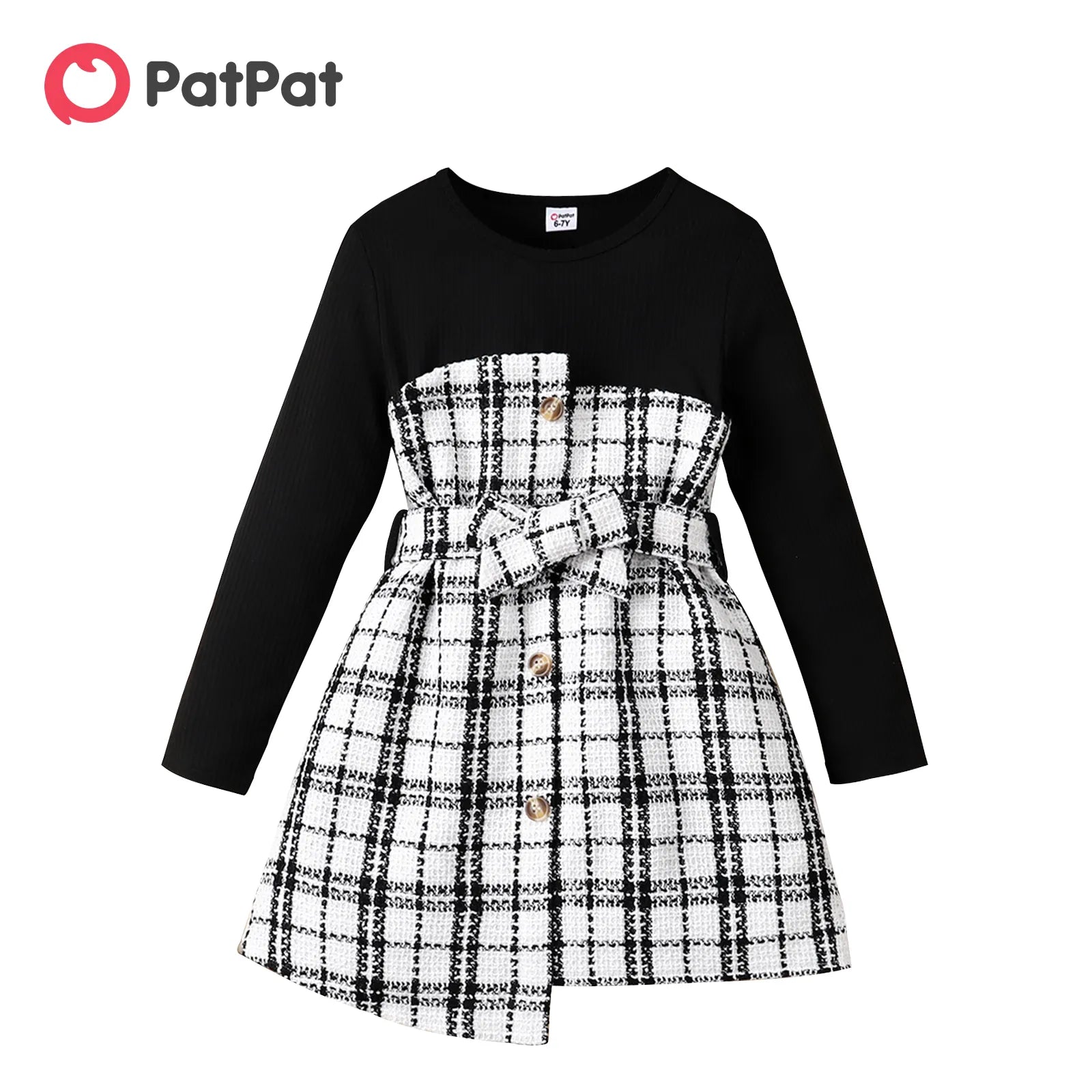 PatPat Kids Girl Autumn and Winter Plaid Dresses Tweed Splice Button Design Irregular Hem Long-sleeve Girl Dress for 5-12 Y