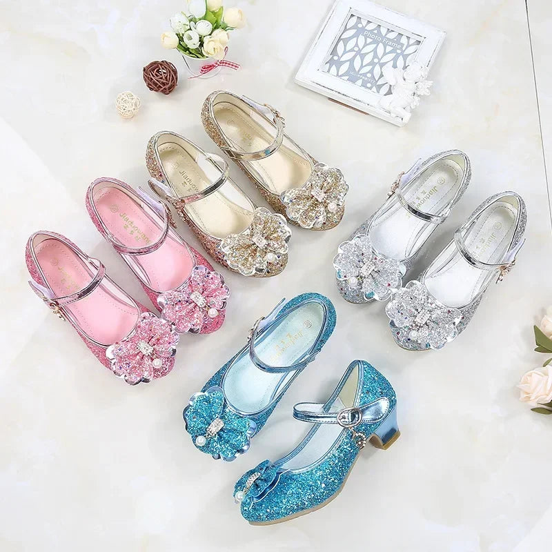 Brand Bow High Heel Shoes for Girls Princess Shoes Children Sequin Leather Shoes Kids Party Wedding Bling Glitter Crystal Shoe