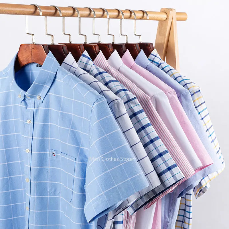 Men's Oxford Short Sleeve Square Collar Soild Plaid Striped Summer Casual Shirts Single Pocket Comfortable Cotton Shirt