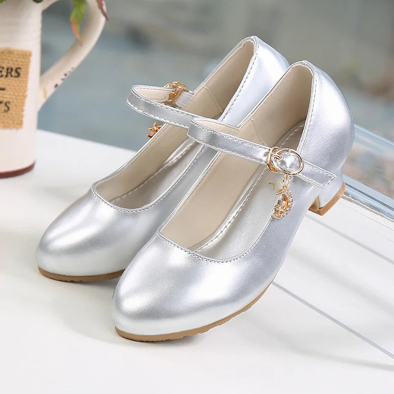 Children Girls Leather Shoes White Princess High Heel Shoes For Kids Girls Performance Dress Student Show Dance Sandals 28-41