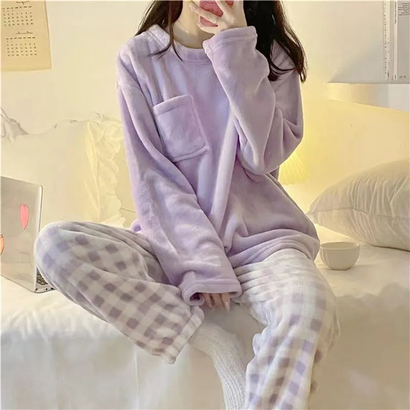 Autumn Winter Pijamas Kawaii Cartoon Pajama Sets Women Pyjamas Plaid Flannel Sleepwear Girl Pijama Mujer Night Suits Homewear