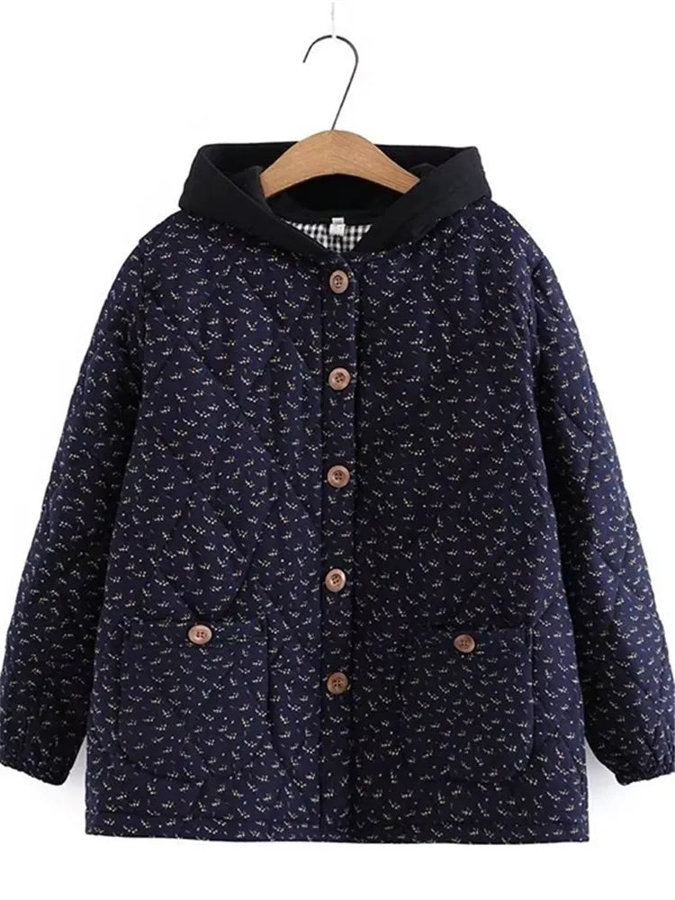 Plus Size Women's Winter Jacket Hooded Long Sleeve With Buttons Thicker Jacket Flower Cotton Padded And Thickened Cotton Jacket