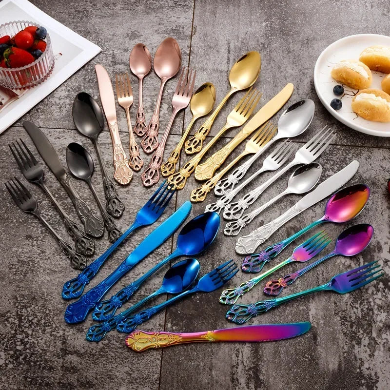 Retro Gold Cutlery Set Luxury Complete Tableware European Style Stainless Steel Spoon Fork Steak Knife Dinnerware Set Gift Box