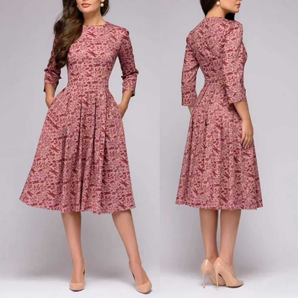 Women Elegant A-line Midi Dress Vintage Printing Party Vestidos Three Quarter Sleeve Women Spring Casual Dress