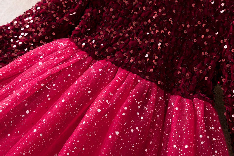 Sequin Girls Princess Party Dresses for 3-8 Yrs Kids Birthday Wedding Evening Prom Gown Spring Fall Long Sleeve Children's Dress