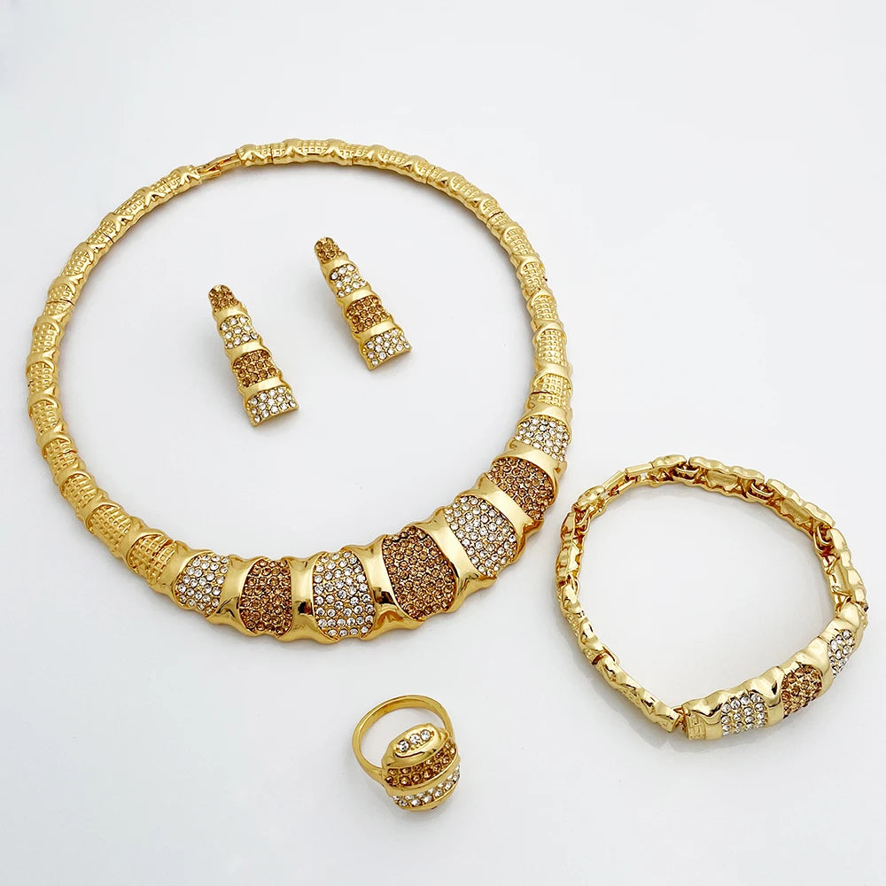 Latest Dubai Gold Color Jewelry Sets Luxury 18K Gold Plated Women Necklaces Earrings Ring Bracelet Wedding Party Accessories