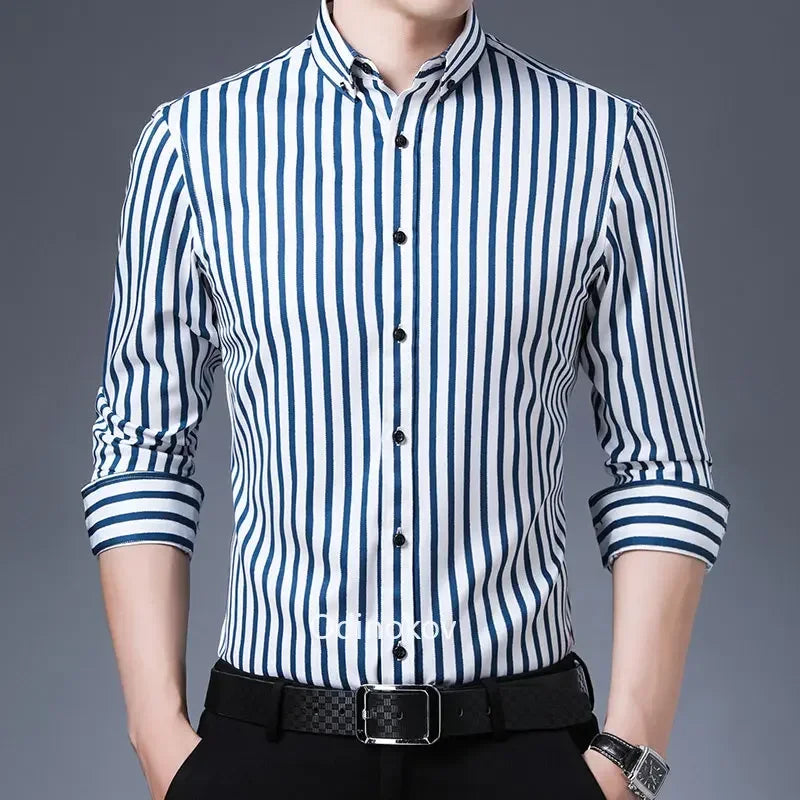 Men's Smooth Non-iron Stretch Soft Casual Striped Shirts Without Pocket  Long Sleeve Standard Fit Youthful Button Down Shirt