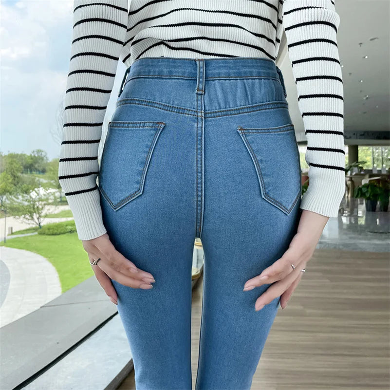 Women Stretch Jeans Lady Slim Skinny Pencil Jeans High Waist Vintage Pants Girls Leggings Straight Leg Korea Fashion Trousers