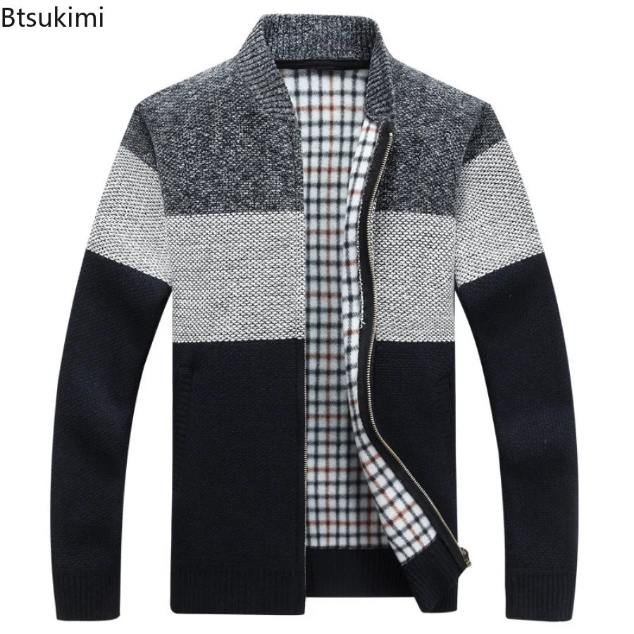 New Autumn Winter Men's Knitted Jackets Thick Soft Long Sleeve Warm Sweater Coat Stand Collar Fall Tide Casual Cardigan Male