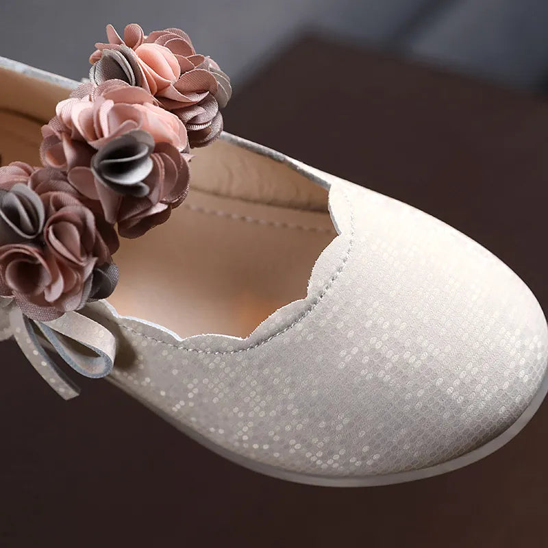 Children's Shoes Flats Soft Sole Lace Flower Princess Party Performance Shoes Baby Student Girl Kids PU Leather Flats