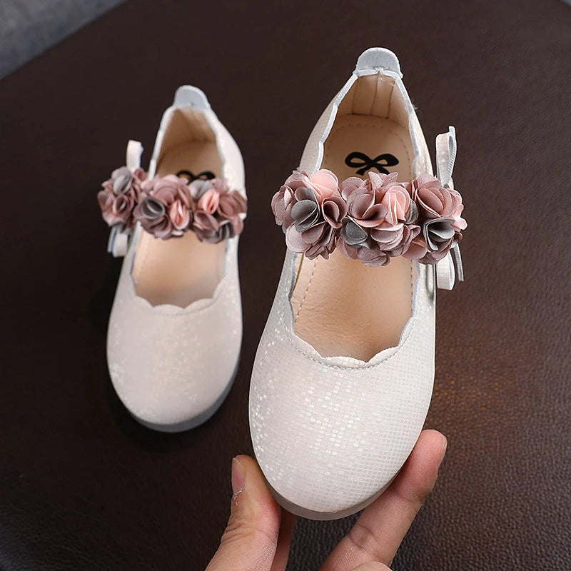 Children's Shoes Flats Soft Sole Lace Flower Princess Party Performance Shoes Baby Student Girl Kids PU Leather Flats