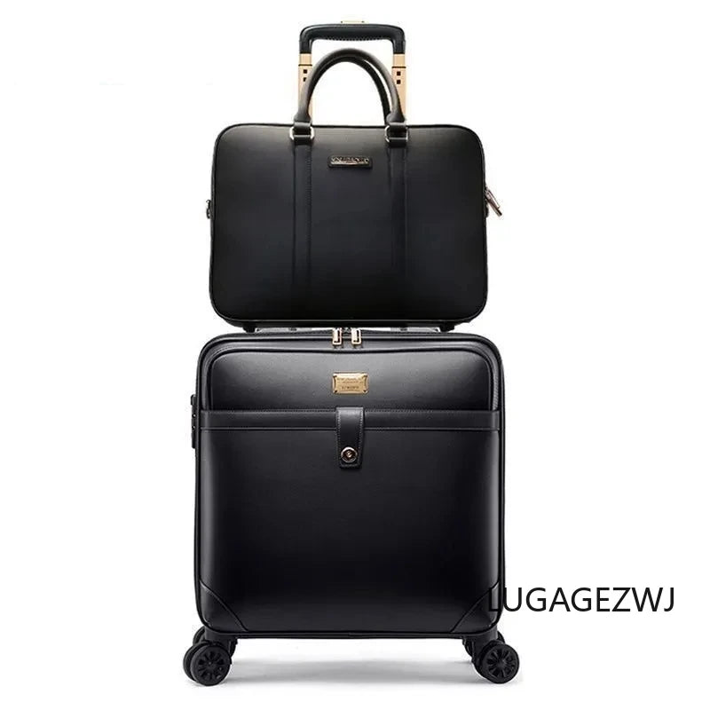 Brand Genuine Leather Roller Trolley Case Set Men Business Travel Luggage With Computer Bag Large Capacity Cabin Retro Suitcase