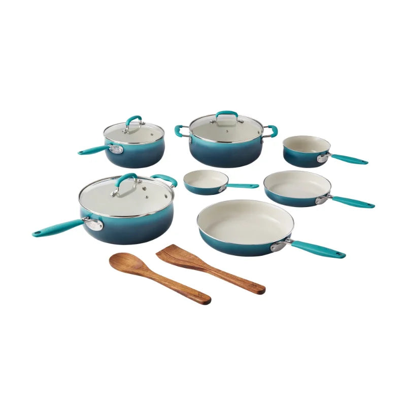 The Pioneer Woman 12-Pieces Porcelain Enamel Classic Ceramic Cookware Set, Ombre Teal camp kitchen