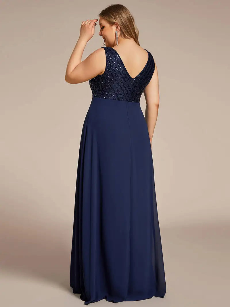 Plus Evening Dresses Sleeveless V-Neck Sequin & Chiffon Floor Length Ever Pretty 2023 of A-line Navy Blue Bridesmaid Dresses