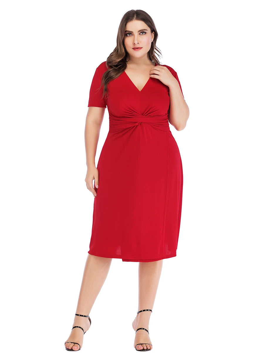 Plus Size Dress Woman 2023 Summer V Neck Short Sleeve Solid Casual Dress High Waist Red Midi Dress Curvy Size Women Clothing