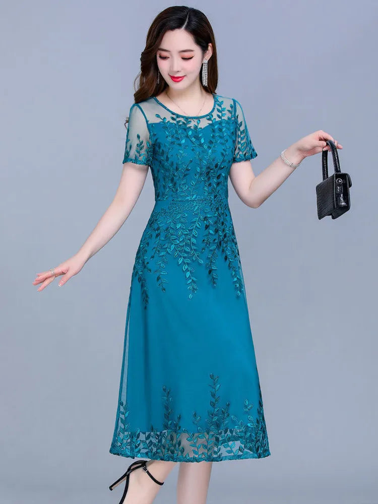 Blue Casual Chiffon Mesh Korean Long Dress Summer Women 2023 New Tunics Midi Fashion Elegant Prom Evening Dresses Short Sleeve